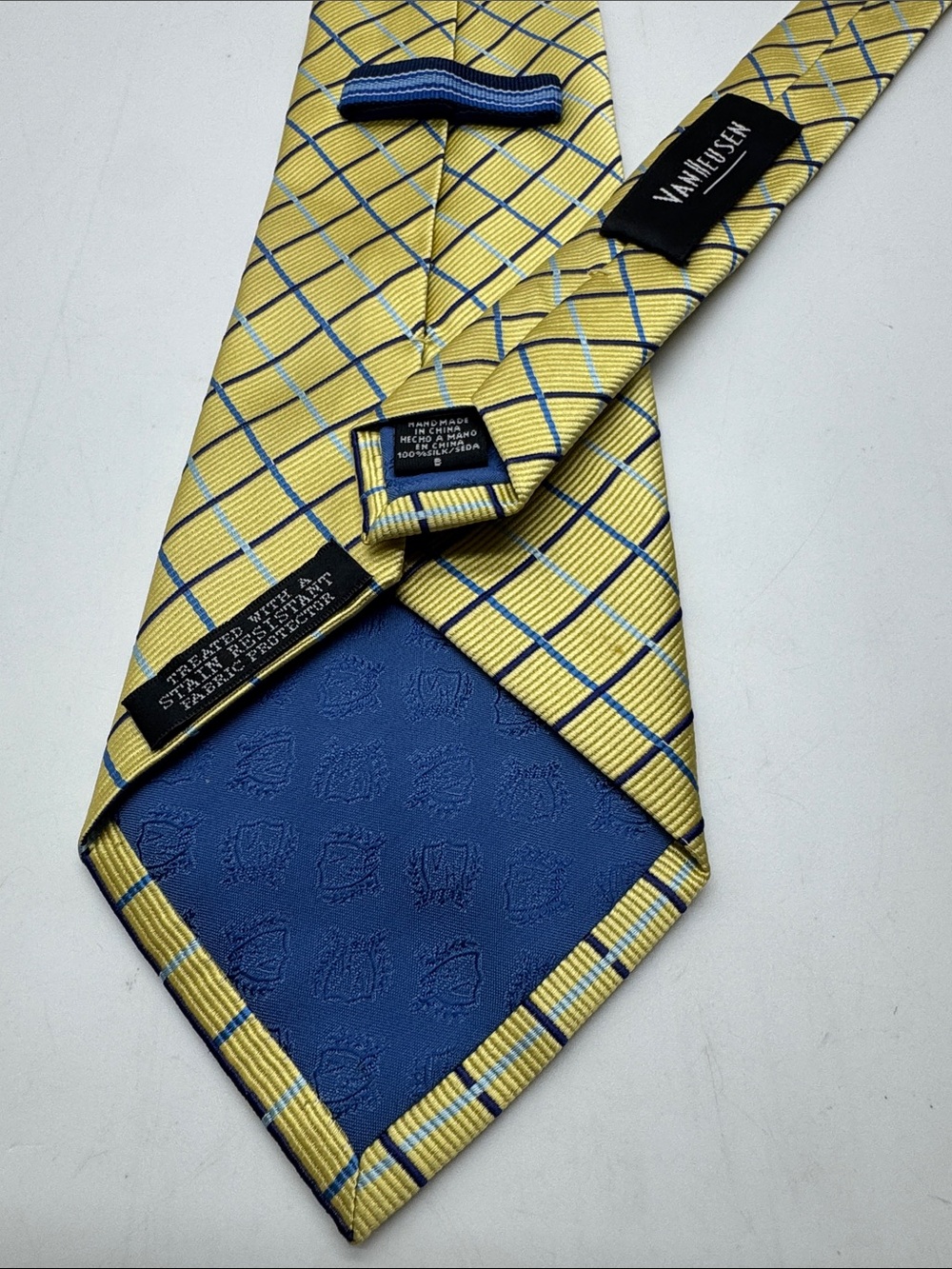 Van Heusen Yellow and Blue Plaid Silk Tie #0096